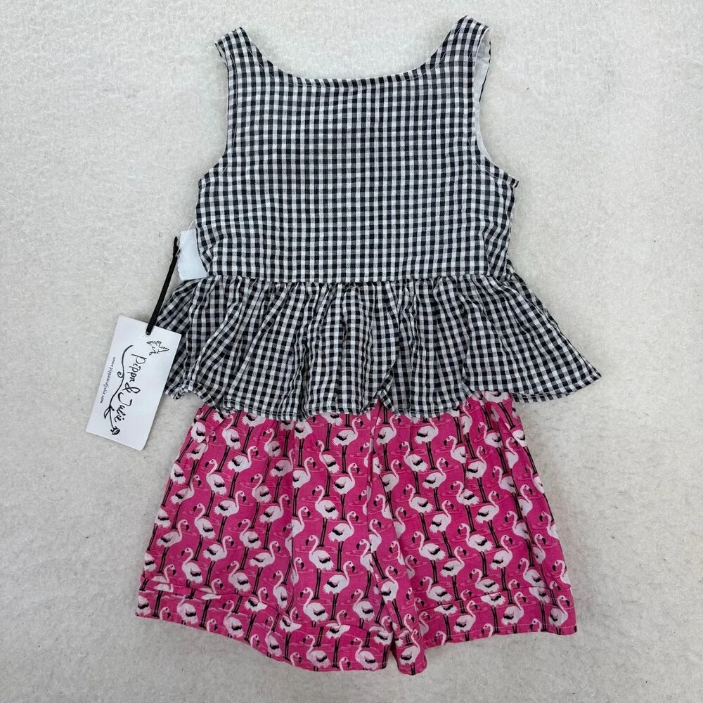 Pippa & Julie Girls Black and White Checkered Pink Flamingo Print Short Set 24M